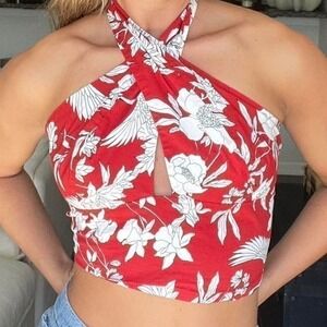 EXPRESS  Red White Floral Smocked Halter Top Size Medium